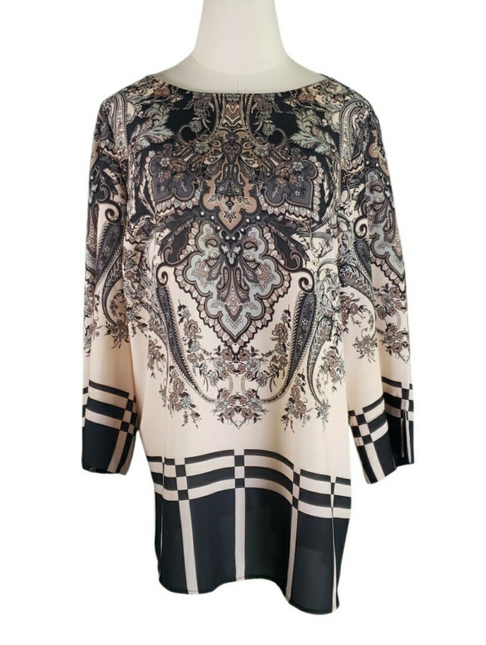 Adrianna Papell Cream Tunic Black Grey Abstract Paisley Mandala Baroque Motif 1X